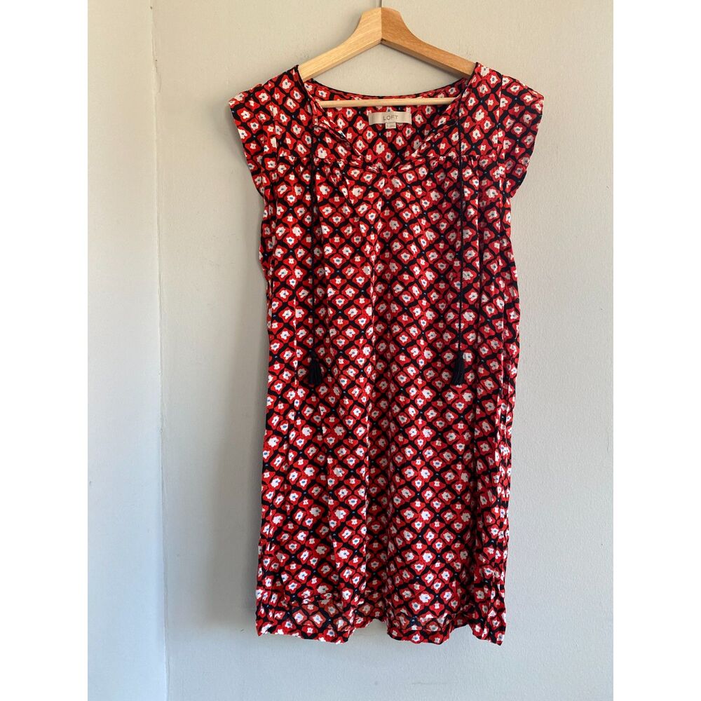 Ann Taylor Loft Red Floral Geometric Boho Dress S